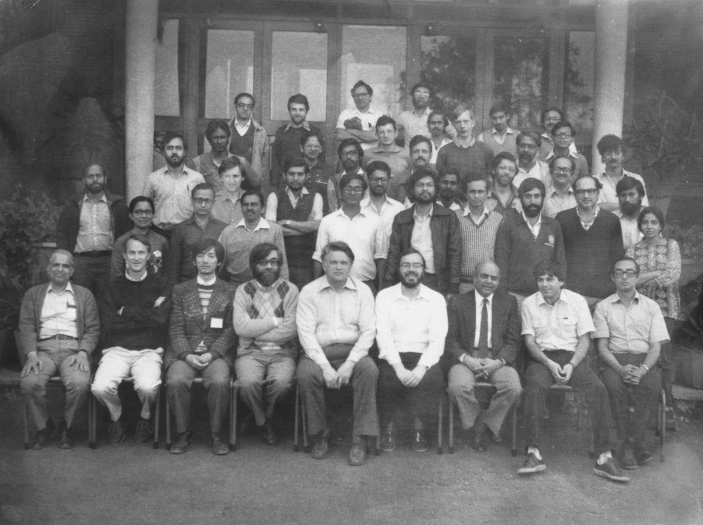 Participants of a winter school held in Panchgani, 1985. Faddeev (centre) and Takhtajan (second from right) are seated in the first row.  courtesy Leon Takhtajan