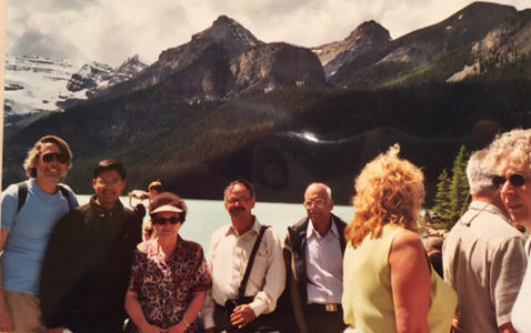 Marina Ratner at an excursion to Lake Louise, Alberta, Canada, with some of the delegates to the conference on Ergodic Theory, held at the Banff International Research Station, Banff, Alberta, Canada, in July 2005. In the photo, from left to right, are: Dave Witte Morris, Nimish Shah, Marina Ratner, S.G. Dani and M.S. Raghunathan. courtesy Nimish A. Shah