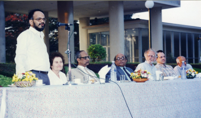 Marina Ratner at the inaugural function of the International Colloquium on Lie Groups and Ergodic Theory at the Tata Institute of Fundamental Research, Mumbai, 1996. The others on the dais are, from left to right: S.G.&nbsp;Dani, Virendra Singh, R. Chidambaram, Hillel Furstenberg, Anatole Katok and M.S. Raghunathan. courtesy TIFR Archives