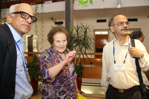 Marina Ratner with M.S. Raghunathan and S.G. Dani at the conference held in her honour at the Hebrew University of Jerusalem in October 2013.\rotatebox{90}{\tiny{\FiraSansLight \textsc{courtesy} Israel Institute for Advanced Studies, The Hebrew University of Jerusalem