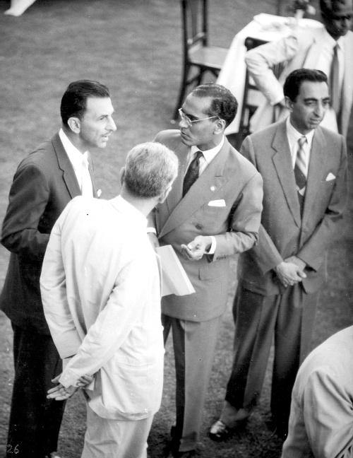 KC, with Jamshed Bhabha on his left, speaking to JRD Tata TIFR Archives