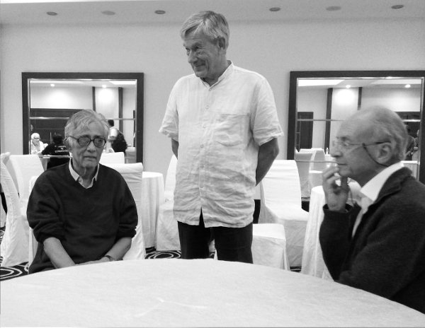 Sridharan, at his eightieth birthday celebration in July 2015, with Max Knus and Manuel Ojanguren 