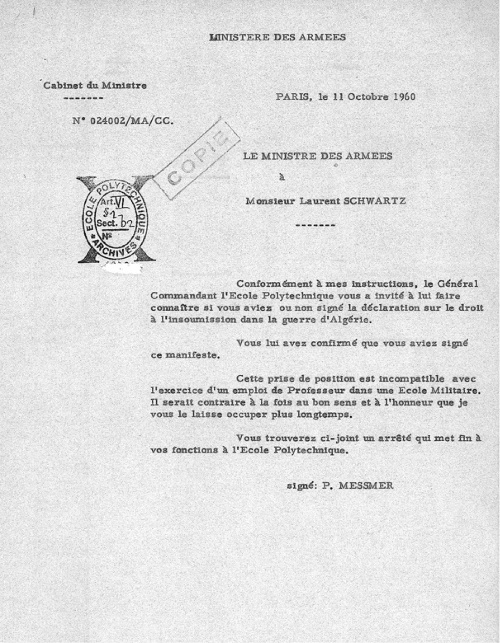 Letter from P. Messmer, dated 11 October 1960, dismissing Laurent Schwartz Collections, École Polytechnique (Palaiseau)  