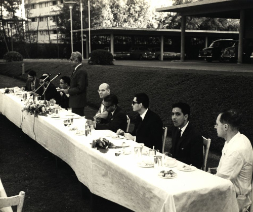 At the Algebraic Geometry Colloquium held at TIFR Bombay, 1968. From right to left: J.W.S. Cassels, MSN, Yuri Manin, KGR and Alexander Grothendieck. TIFR Archives