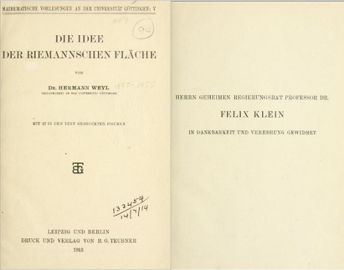 Cover page of Die Idee der Riemannschen Fäche and dedication to Klein