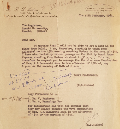 Letter regarding Sarasvati Amma's thesis viva courtesy R.C. Gupta