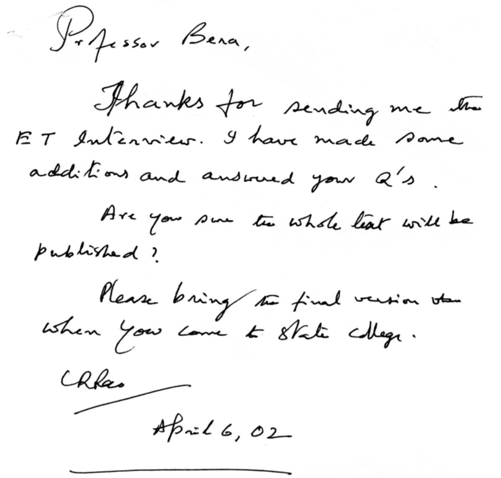  Rao’s note to Bera on April 6, 2002