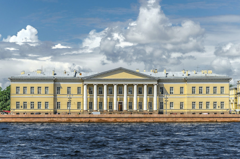 The building of the Russian Academy of Sciences in St. Petersburg, situated on the Neva river. The Academy was transferred to Moscow in 1934, but the building still hosts the archives and the library of the Academy, as well as the St. Petersburg Scientific Centre of the Russian Academy of Sciences