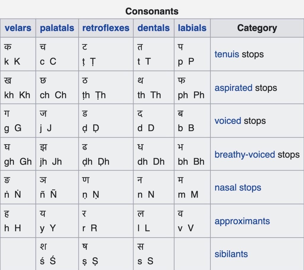 Consonants written according to the IAST diacritical marks.