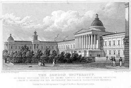 The London University as drawn by Thomas Hosmer Shepherd and published in 1827-28. This building in now part of University College, London, which was founded in 1826.  Wikimedia Commons