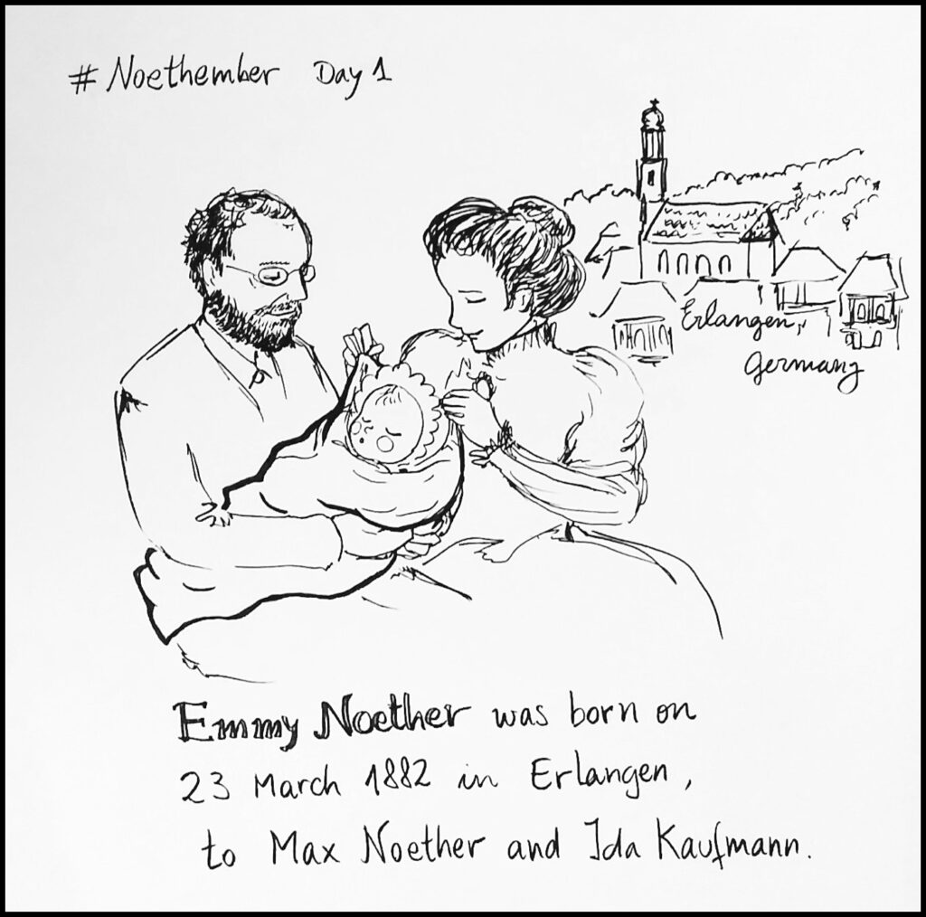 Day 1:  Emmy Noether was born on 23 March 1882 in Erlangen, Germany to Max Noether (mathematician) and Ida Kaufmann.