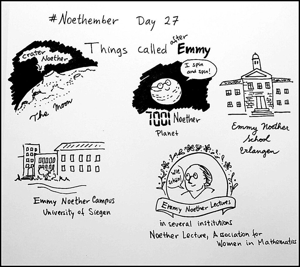 Day 27:  Many other things have been named or renamed after Noether, including her former high school, a crater on the moon and a minor planet, and many other awards, scholarship programmes and university buildings.