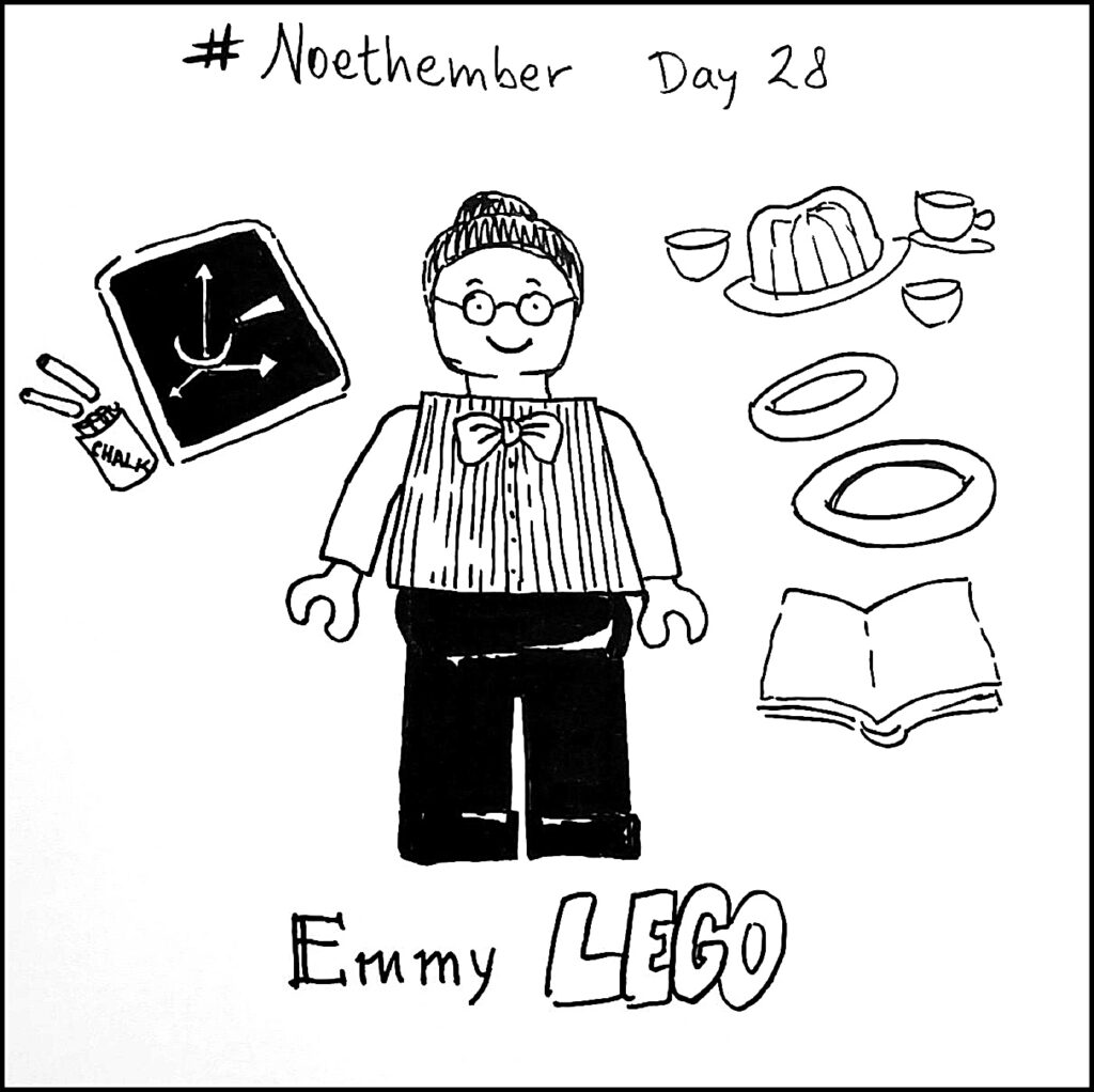 Day 28: LEGO have now released several Women in Science sets, featuring famous female scientists – but not Emmy Noether yet. What should it look like? What other toys could celebrate her life?