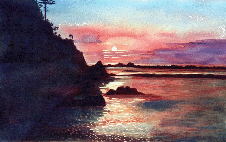 Sunset at Oregon coast. Water colour by Daina Taimiņa