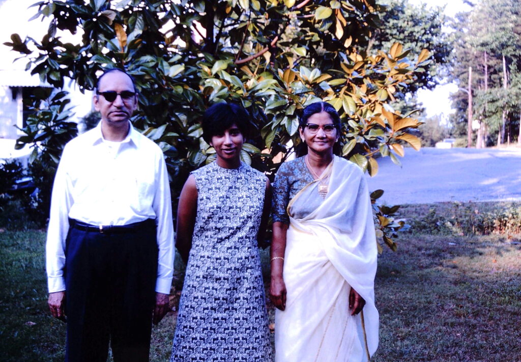 With wife Sandhya and daughter Sipra in the 1970s in the front yard of their home in Chapel Hill, North Carolina