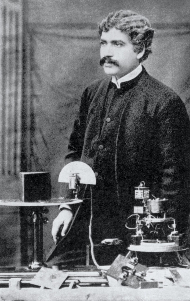 In 1894, Sir Oliver Lodge first demonstrated waveguide microwave transmission lines at London's Royal Institution. Three years later at the University of Calcutta, Indian physicist J.C. Bose (seen here) flared out the end of a waveguide, demonstrating the horn antenna