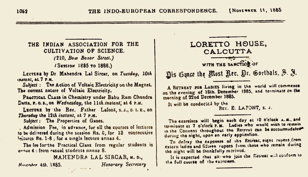 Sample of Father Lafont's activities at the Indian  Association for the Cultivation of Science and Loretto House