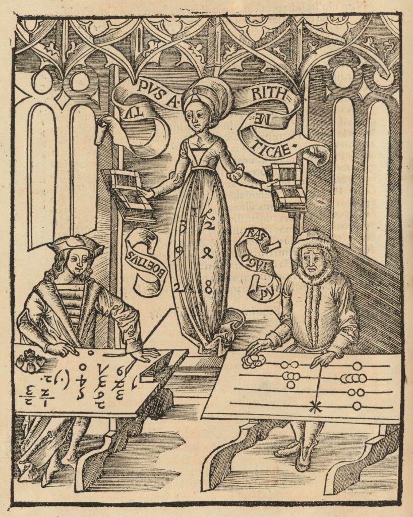 Lady Arithmetic is seen giving her judgement in favour of the arithmetician (to our left) working with Indian numerals and the zero, with the numerals also adorning her dress, in this wood-block engraving from Margarita philosophica (1503), by Gregor Reisch.