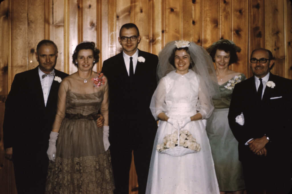 (L to R) The Knuths and the Carters (Jill's parents – James and Wilda) at their wedding; 1961