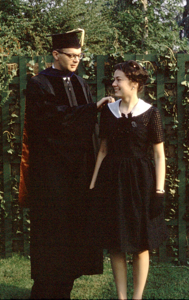Don and Jill at Caltech, just after receiving  his doctoral gown; June 1963