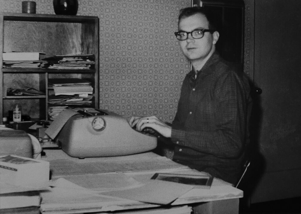 Don typing his PhD thesis on a new IBM Selectric typewriter; 1963