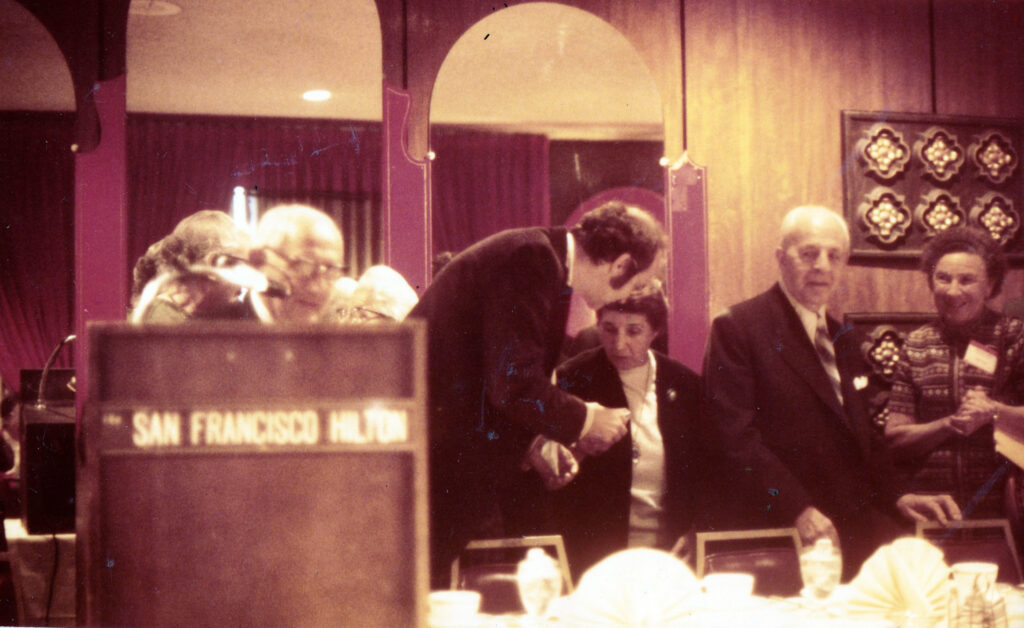 (L to R) George Pólya, Don, Anna Szego̎, Gabor Szego̎, and Emma Lehmer. At a luncheon to commemorate the 50th anniversary of Pólya and Szego̎’s classic {\sl Aufgaben und Lehrsätze aus der Analysis}; Jan 1974