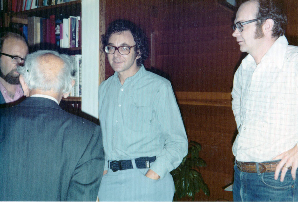 (L to R) Victor  Klee, George Pólya, speaker Richard Karp, and Don. At his Stanford home, where he hosted seminars on combinatorics in the '70s