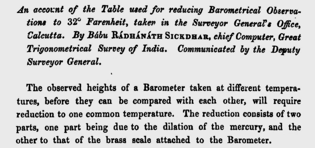 Excerpt from Sikdar's Barometrical observations