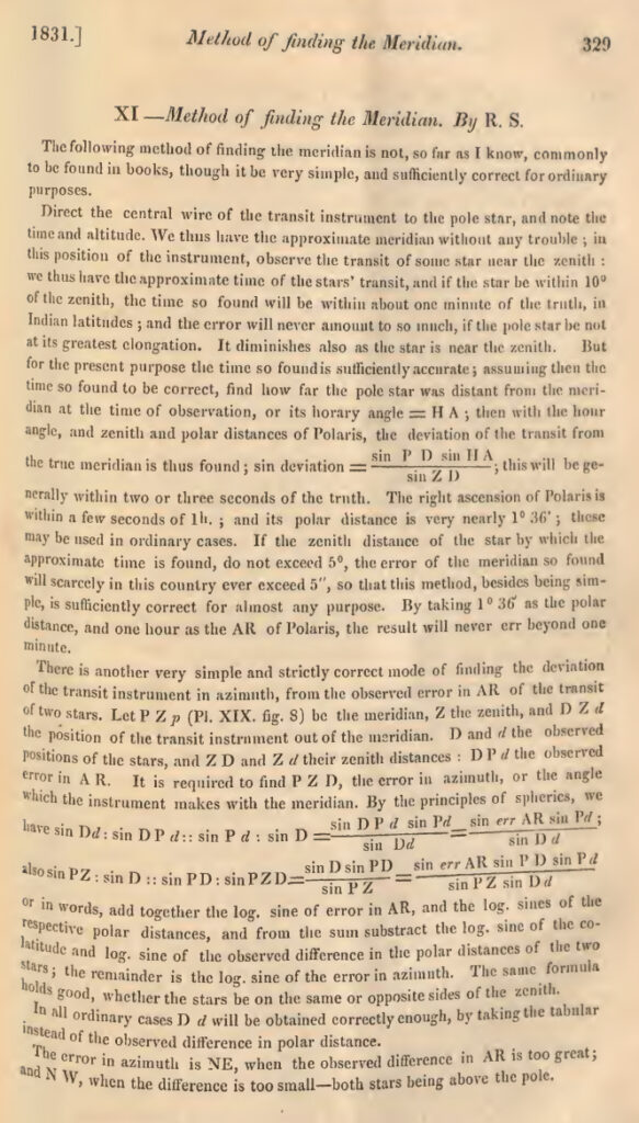 The page from Gleanings in Science, October 1831 discussing his `Method of finding the Meridian'.