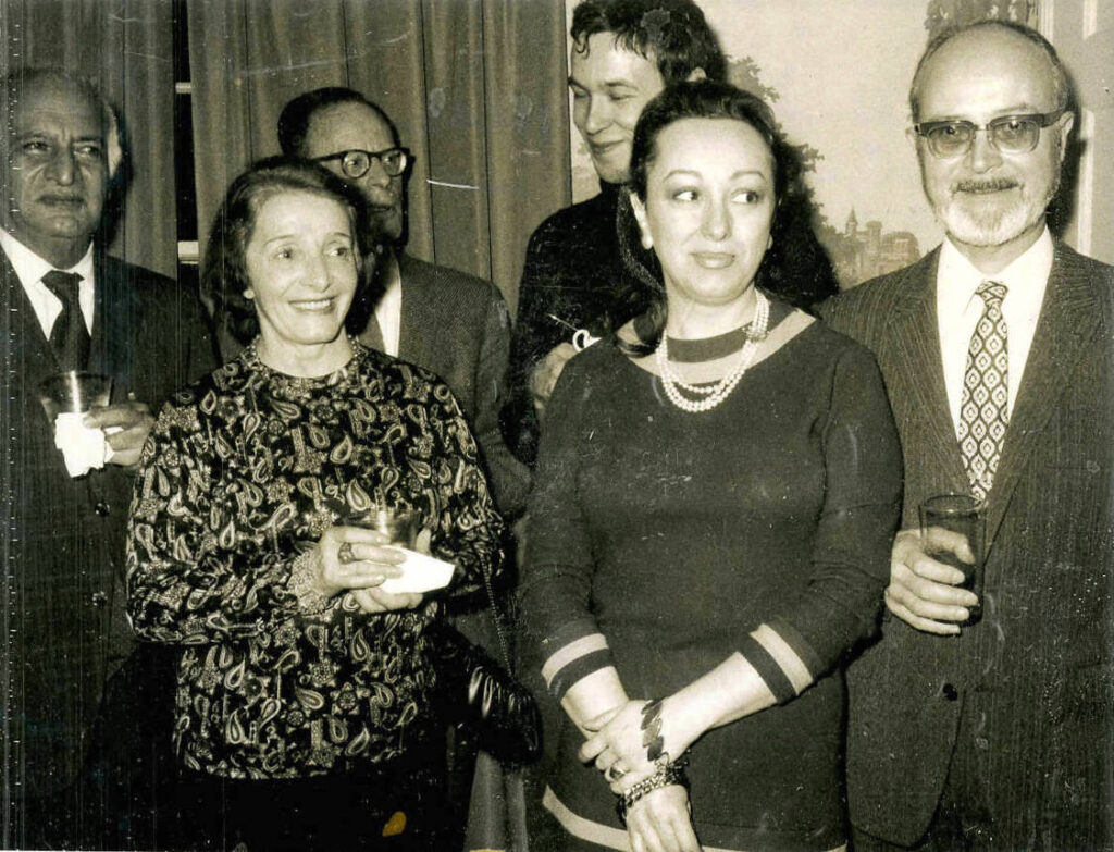 Attending a social gathering hosted by Louise and Marston Morse (L to R): Sarvadaman Chowla, Eveline and André Weil, Pierre Deligne, and Professor and Mrs. Gilles-Gaston Granger.