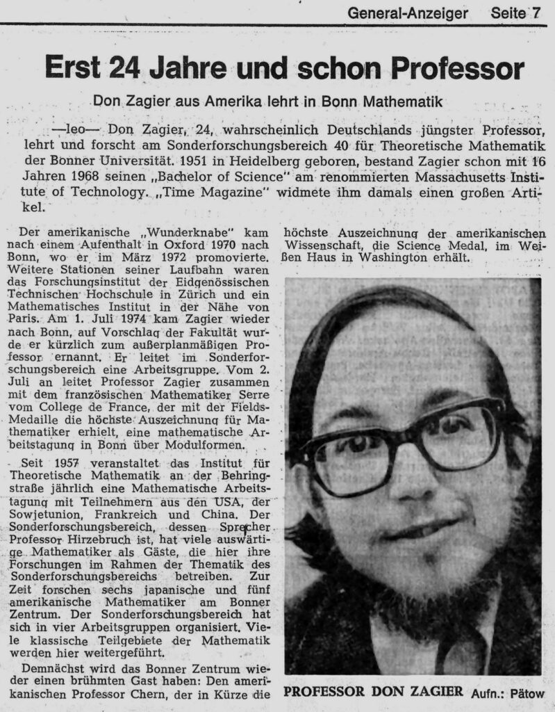 “Only 24 years old and already a professor”, title of an article that appeared in the local Bonn newspaper.9