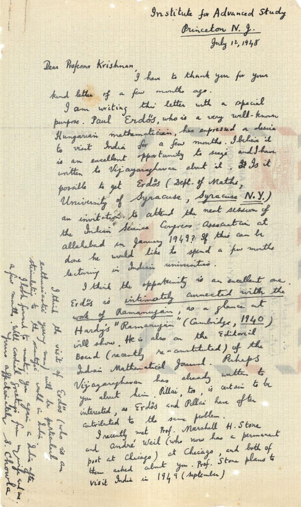 Letter from Chowla to K.S. Krishnan from the Institute for Advanced Study in Princeton regarding the possible visit of Paul Erdõs to India.