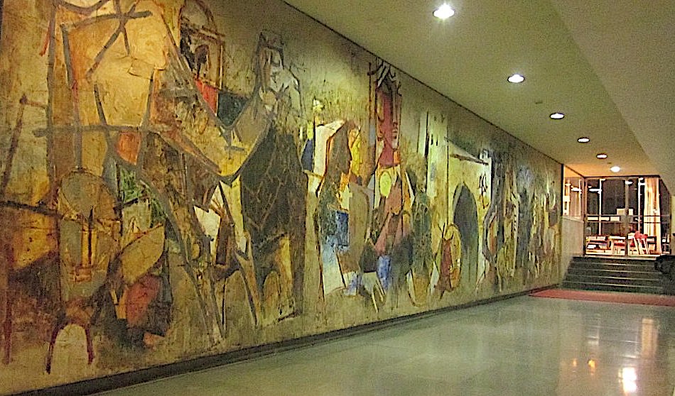 View of the grand ‘Bharat Bhagya Vidhata’ from one end of the mural, showing the entrance to the library at the other end.