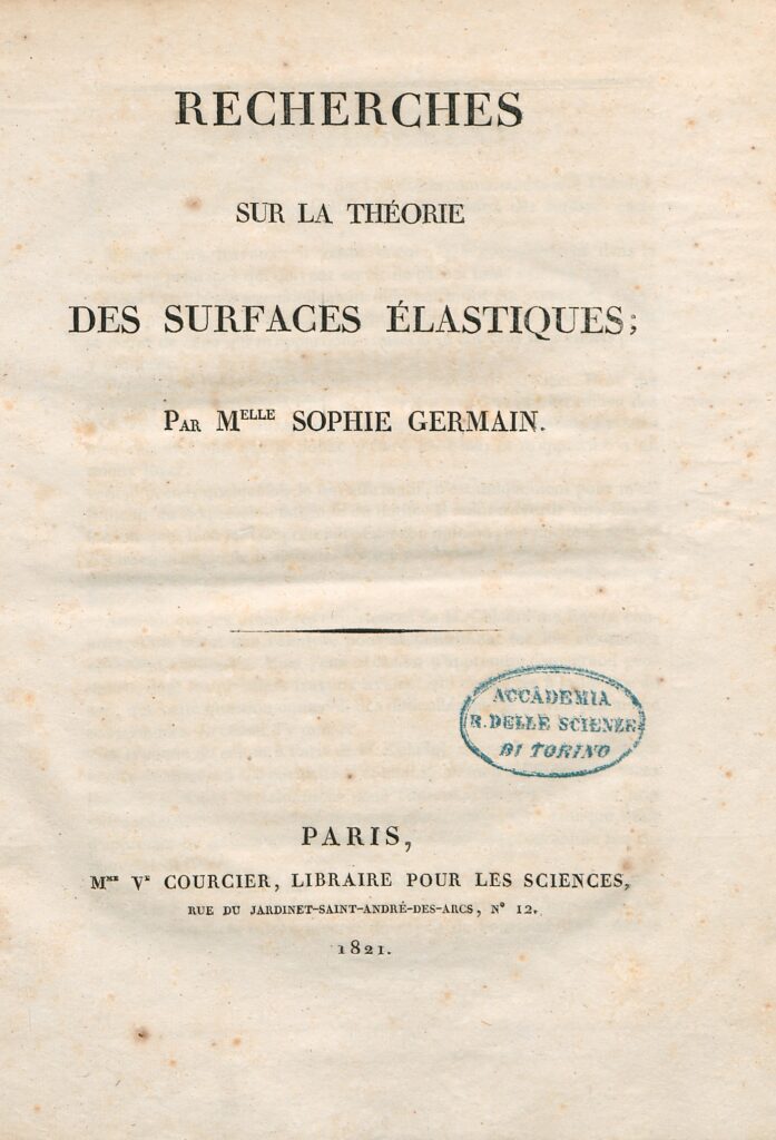 Title page of Sophie's work on the theory of elastic surfaces.
