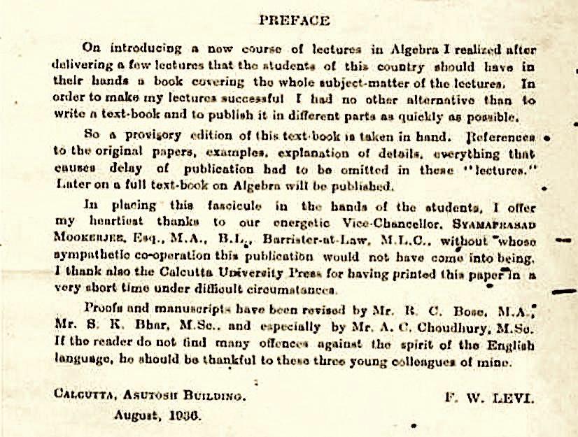 F.W. Levi's preface to the 1936 provisional edition of Algebra