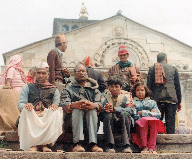  With Anoop and Ila in front of the Kedarnath temple in 1984.