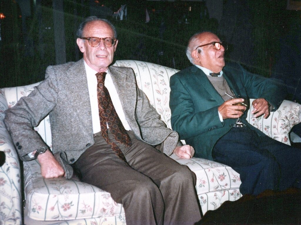 André Weil and Sarvadaman Chowla at Chowla's 80th birthday celebration in 1987.