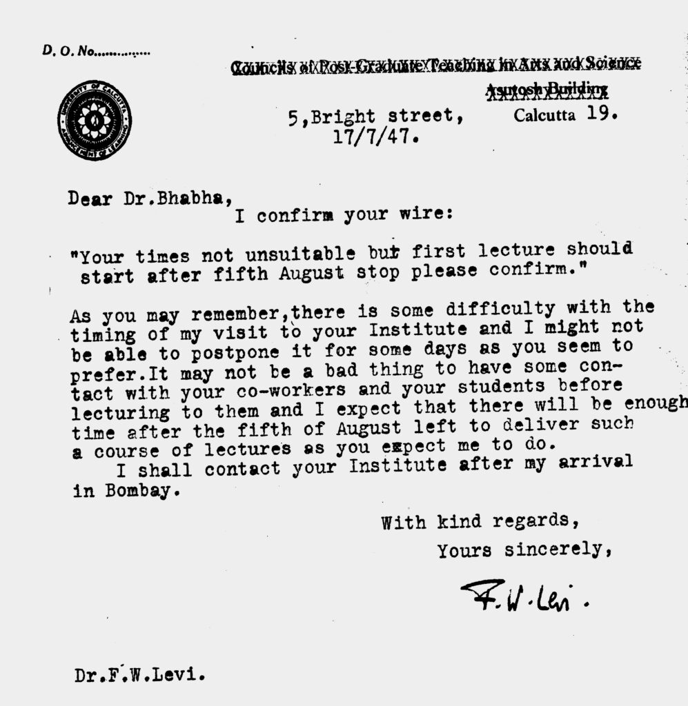 F.W. Levi's 1947 letter to Bhabha