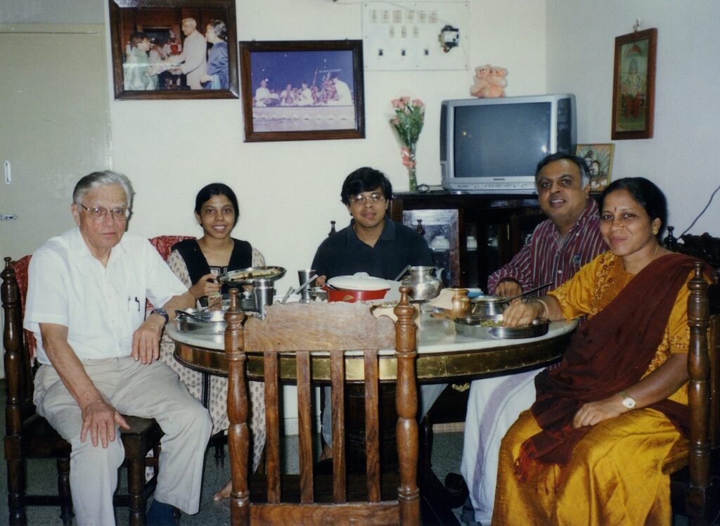 Armand Borel at Shashank \mbox{Subramanyam's} place. (L to R) Armand, Shantala, Shashank, Subramanyam and Hemalatha.