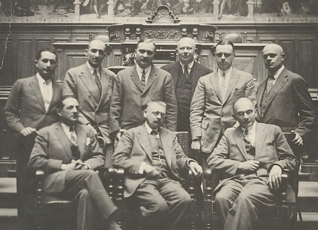 Lviv mathematicians together with Ernst Zermelo, 1929. (L to R) Sitting: H. Steinhaus, E. Zermelo, S. Mazurkiewicz. Standing: K. Kuratowski, B. Knaster, S. Banach, W. Stożek, E. Żyliński and S. Ruziewicz.