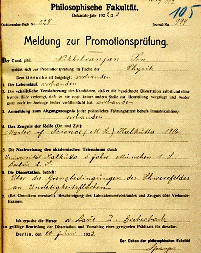 Registration certificate for N.R. Sen's PhD examination, which informs that the proposed examiners are Max von Laue and Ludwig Bieberbach. It also has certain prior details such as his MSc degree is from 1916.