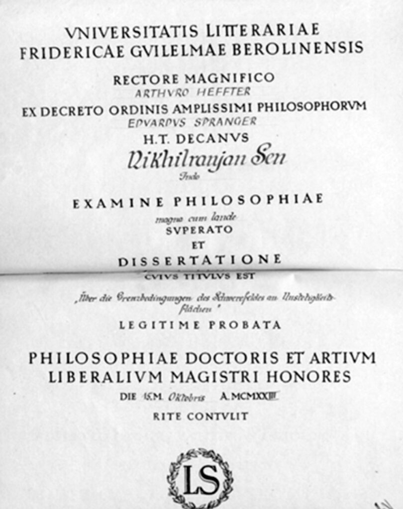 N.R. Sen’s PhD Certificate.