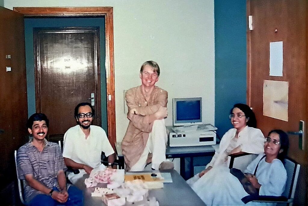 During the visit of Manuel Drees to TIFR in January 1993 (L to R: Dileep Jatkar, Ashoke Sen, Manuel Drees, Sumathi Rao, and Rohini Godbole).