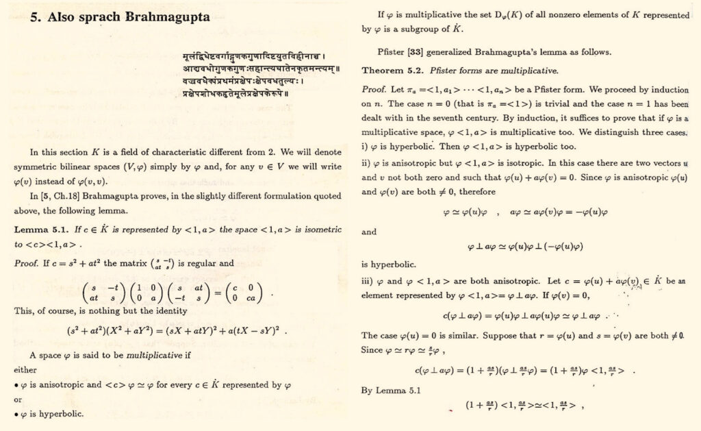 Pages from Manuel Ojanguren's monograph referring to Brahmagupta's work