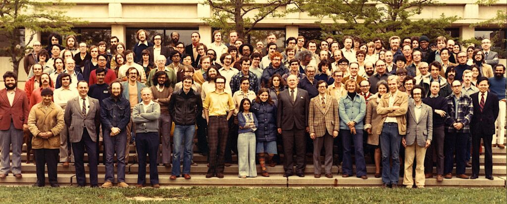 Stony Brook Physics Department Group Photo from 1977. Rohini Godbole is at front centre.