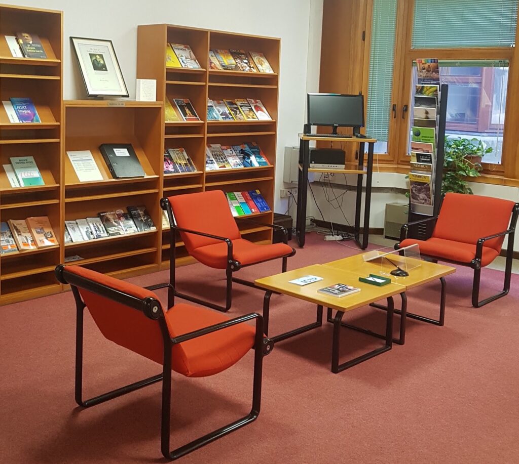 A seating area at the library entrance